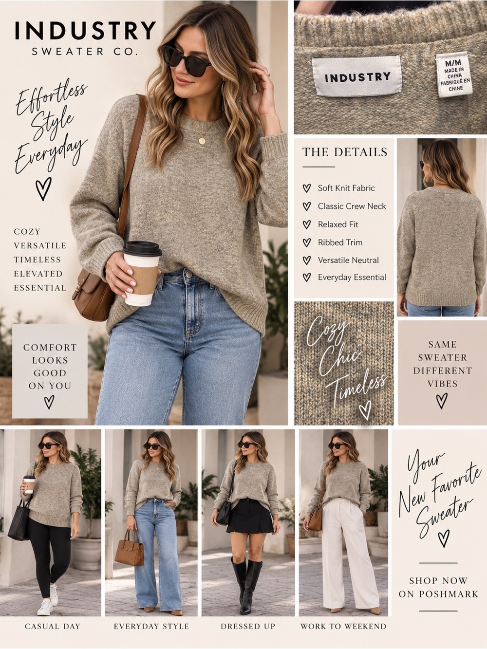 Industry Beige Oatmeal Knit Crewneck Sweater M Cozy Quiet Luxury Minimalist